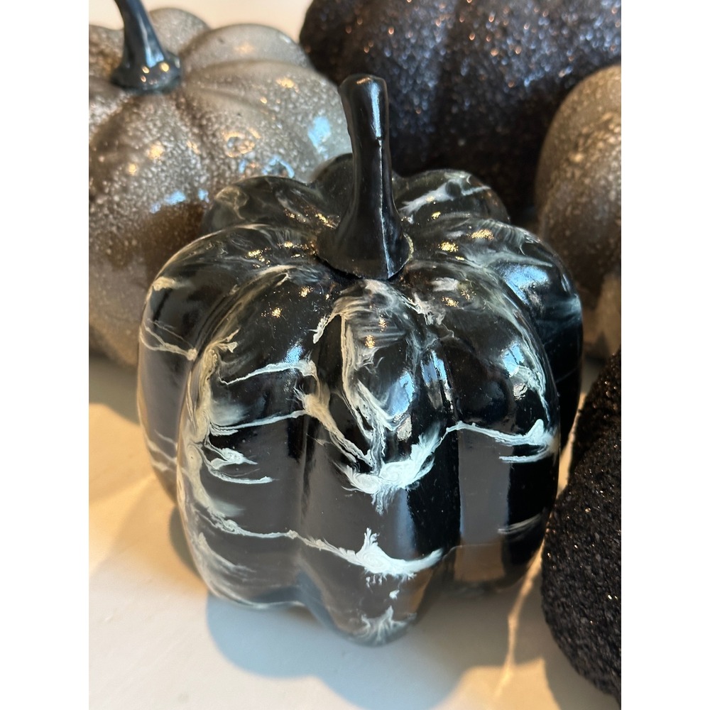 Black and Silver Decorative Pumpkins Set of 5 Glitter Marble Speckled Halloween - Picture 3 of 11